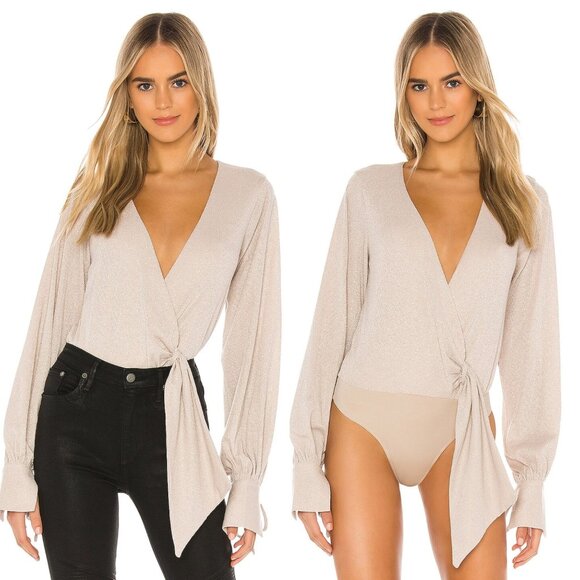 Lovers + Friends Tops - Lovers + Friends Size S Nude Beige Cedar Metallic Long Sleeve Wrap Tie Bodysuit